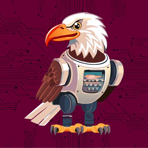 An eagle with a robotic torso standing in front of a circuit board background.